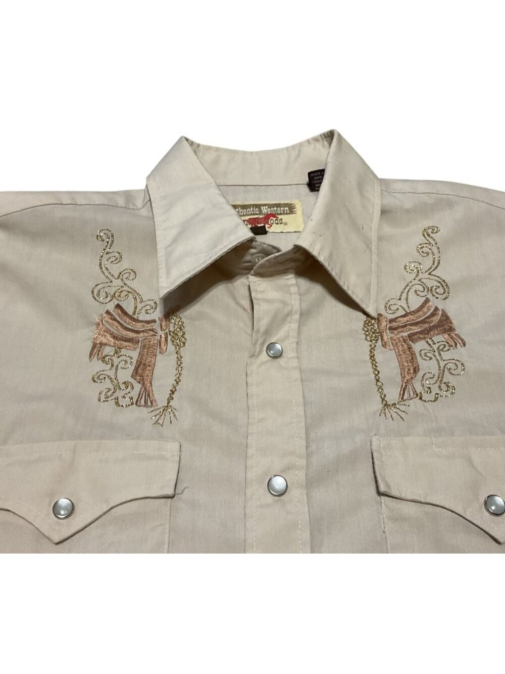 Authentic Western Youngbloods Tan Embroidered Saddle Shirt Sz L Pearl Snap Mens